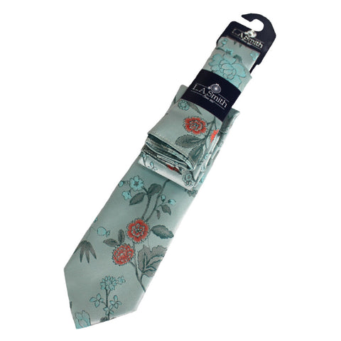 L.A. SMITH : Pale Blue Tie with Orange Floral Design & Matching handkerchief