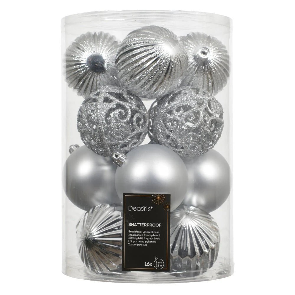 DECORIS Christmas Silver Shatterproof Baubles - Pack Of 16