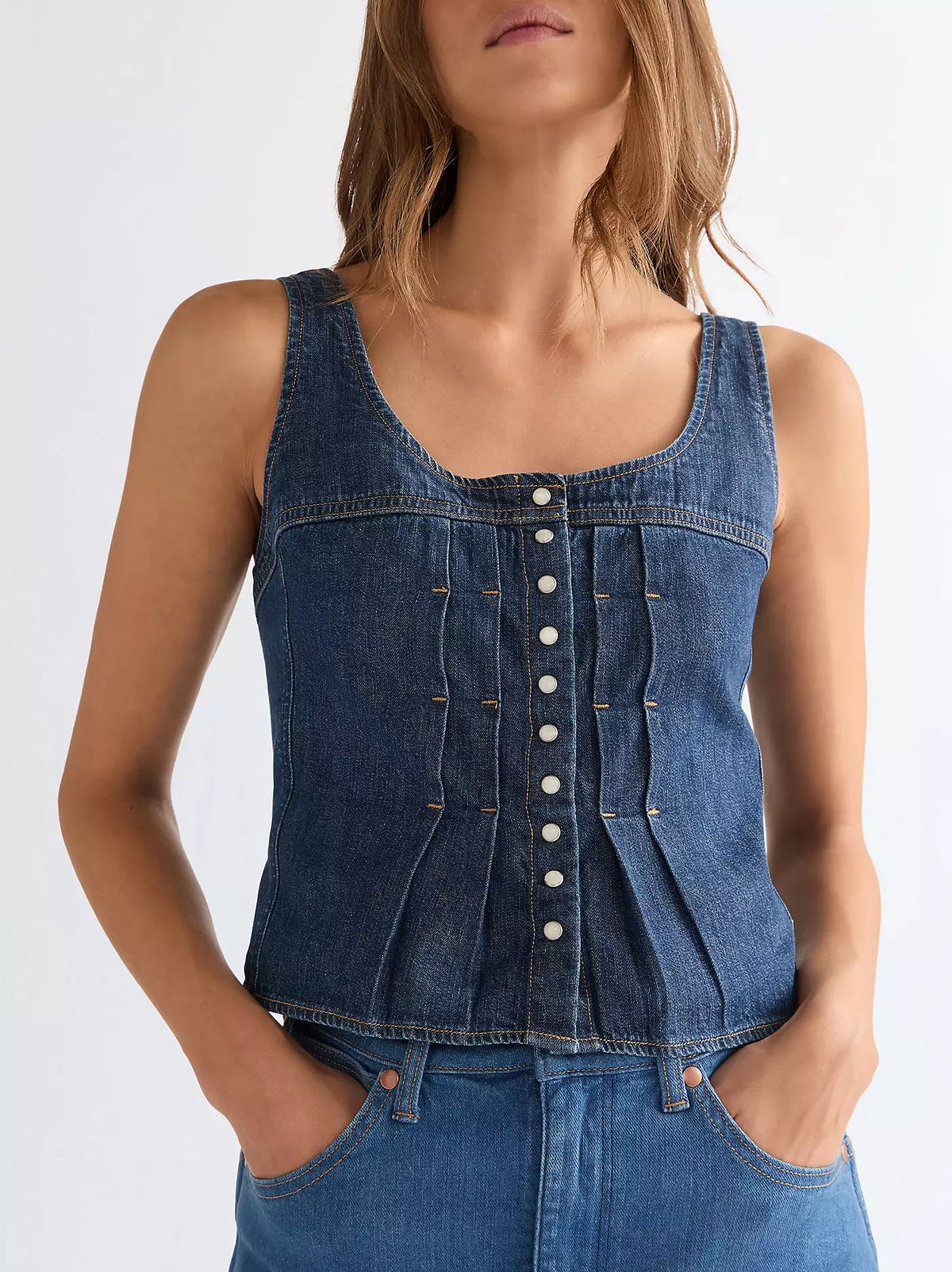 WRANGLER Slim Pleated Corset Style Top - Dark Denim