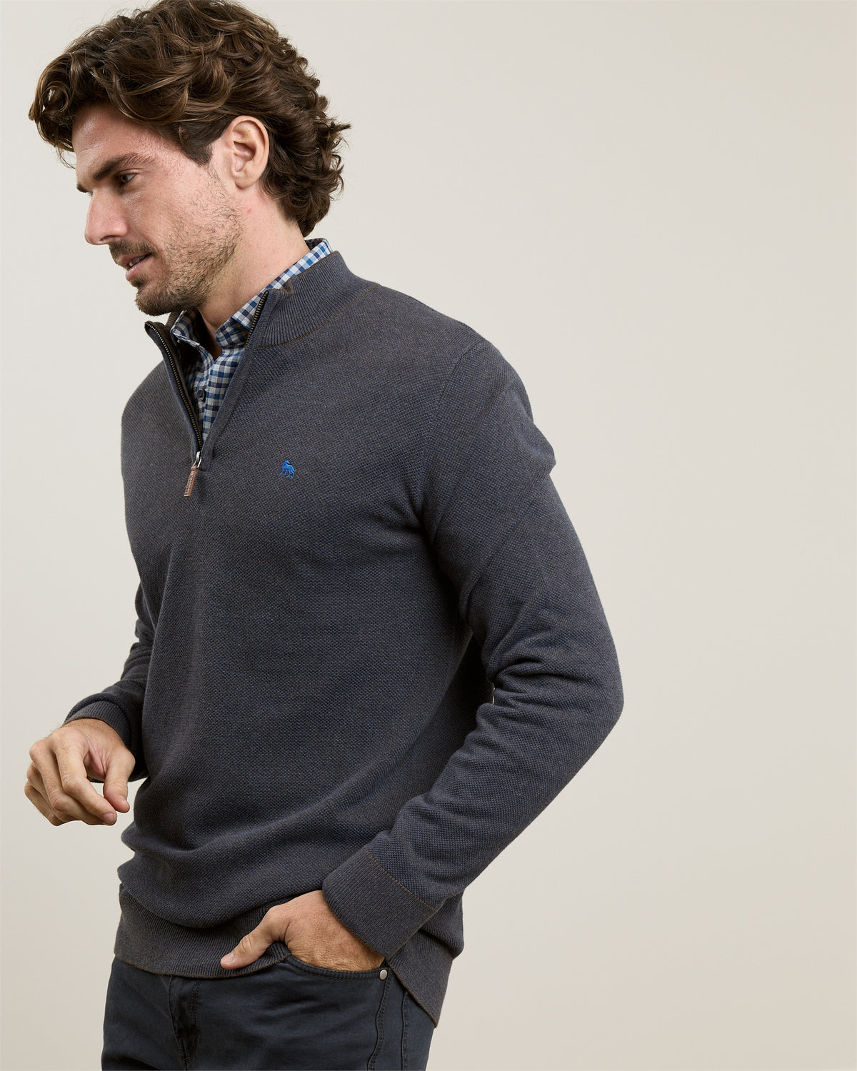MAGEE Charlie Micro 1/4 Zip Jumper - Brown & Blue