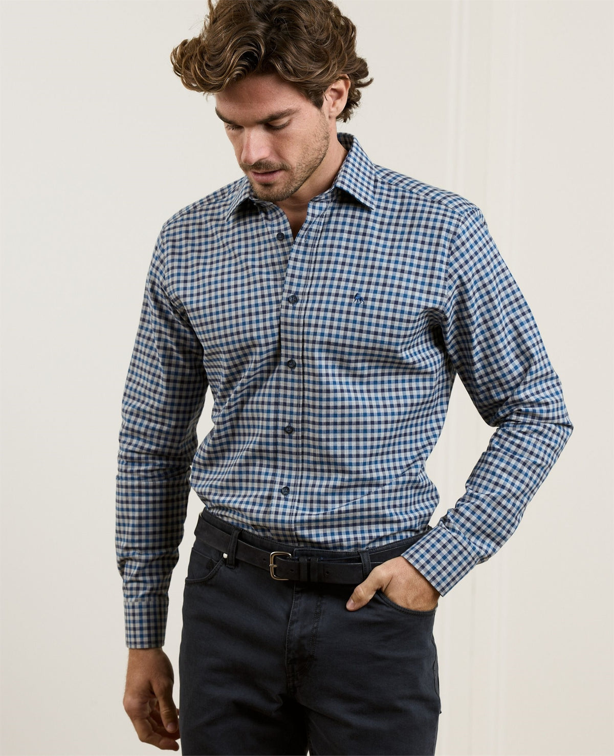 MAGEE Tullagh Cotton Shirt - Blue Herringbone