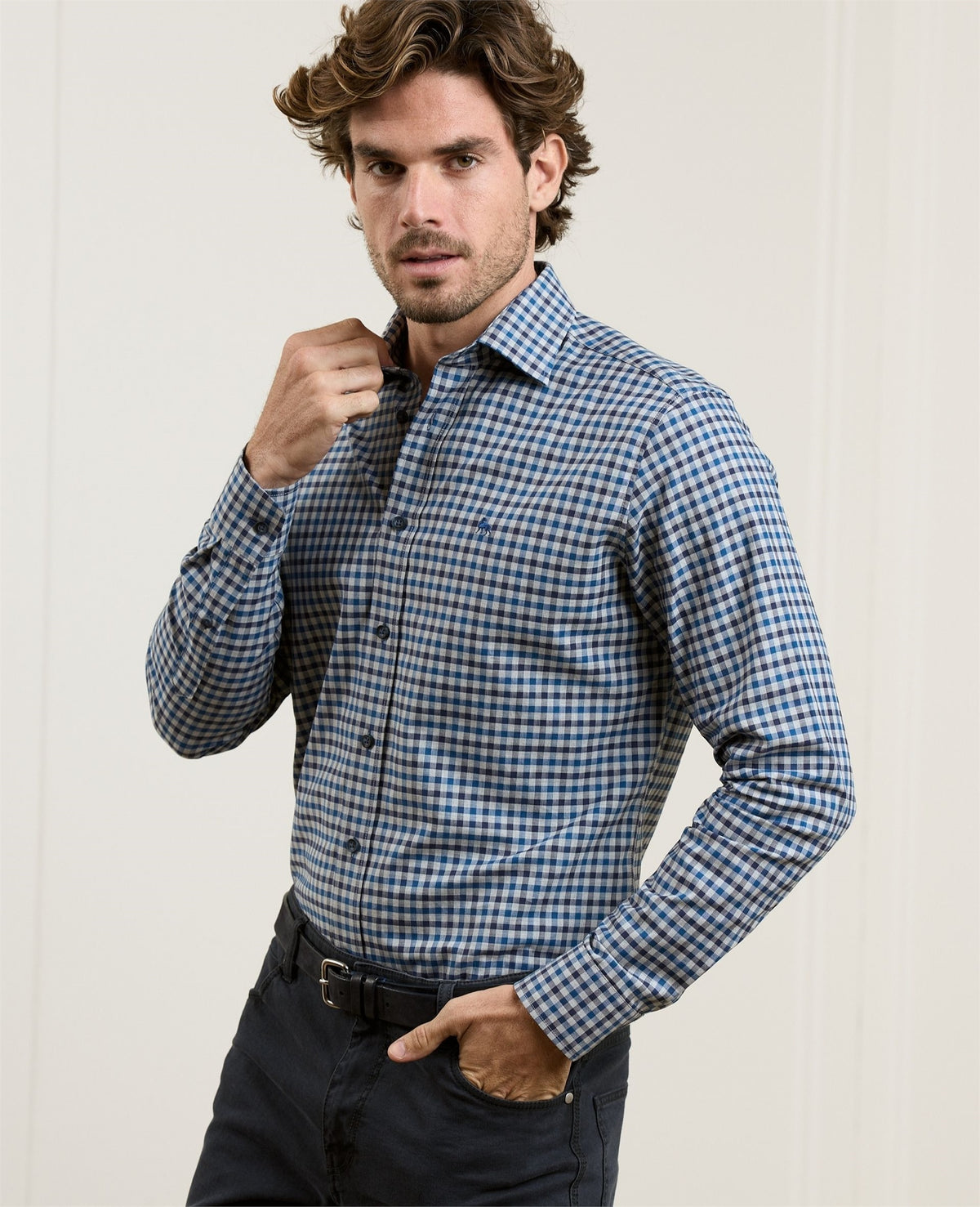 MAGEE Tullagh Cotton Shirt - Blue Herringbone