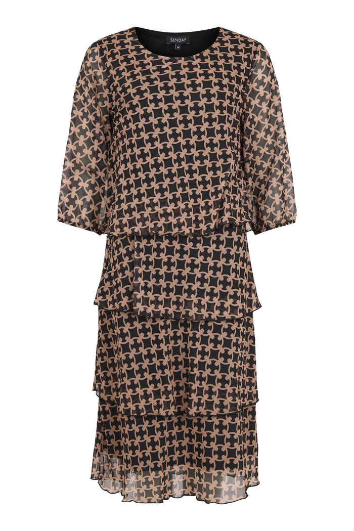SUNDAY Tiered Chiffon Dress - Beige Pattern