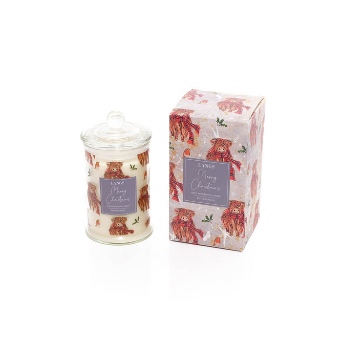 LANGS Highland Cow Christmas Glass Jar Candle - Red Cinnamon 280g