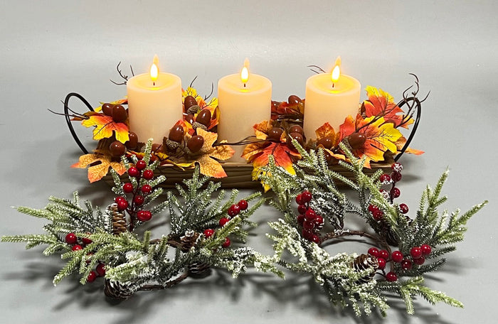 WGP Wood & Metal LED Candle Tray with Changeable Autumn/Christmas Decor 47x17cm