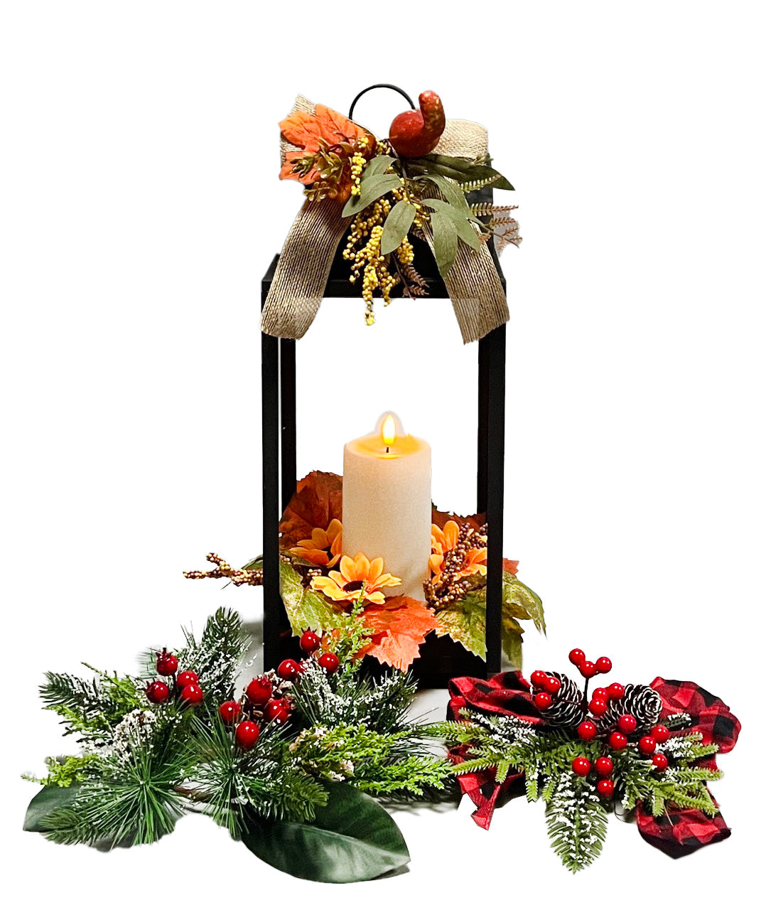 WGP Metal LED Lantern with Dome Roof and Changeable Autumn/Christmas Decor 46cm