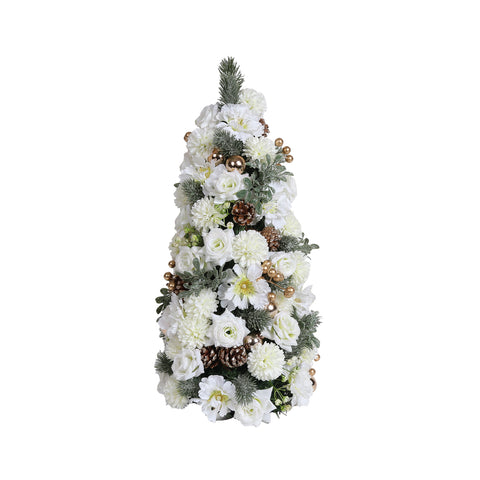 Christmas Floral Cone Tree 60cm - White and Gold