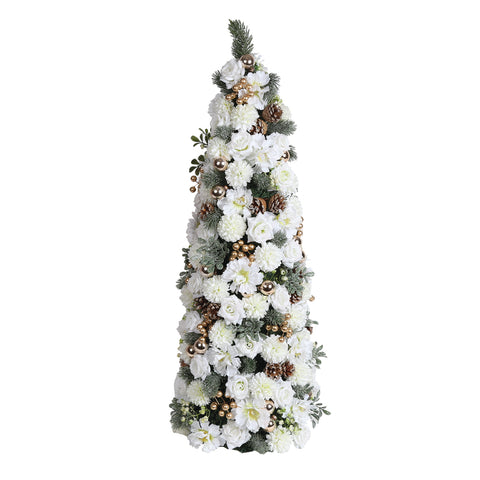 Christmas Floral Cone Tree 80cm - White and Gold