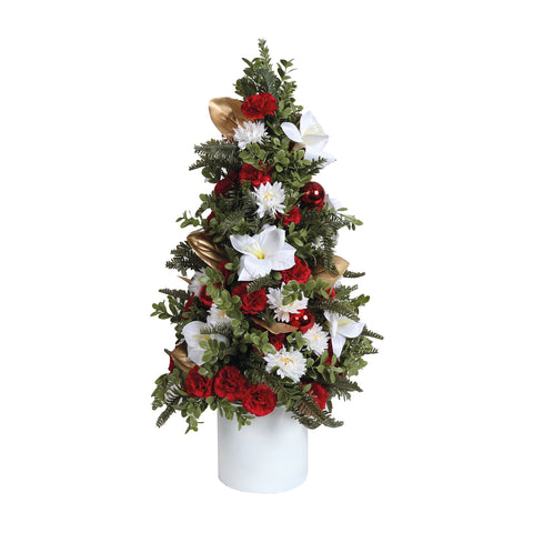 Christmas Floral Arrangement in White Pot Red and White 60cm