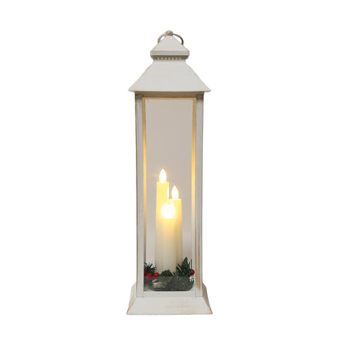 Christmas LED Artificial Taper Candle White Lantern With Foliage 48cm