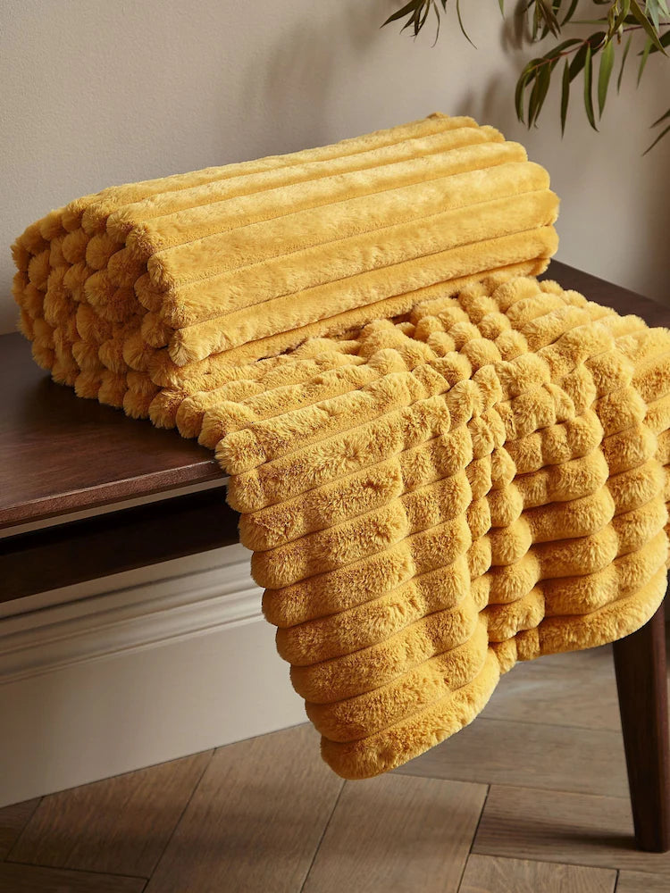 CATHERINE LANSFIELD Cosy Ribbed Blanket Throw - Mustard
