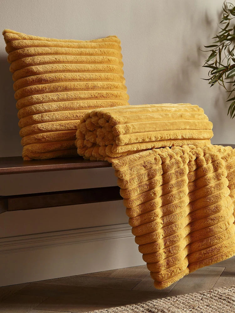 CATHERINE LANSFIELD Cosy Ribbed Blanket Throw - Mustard