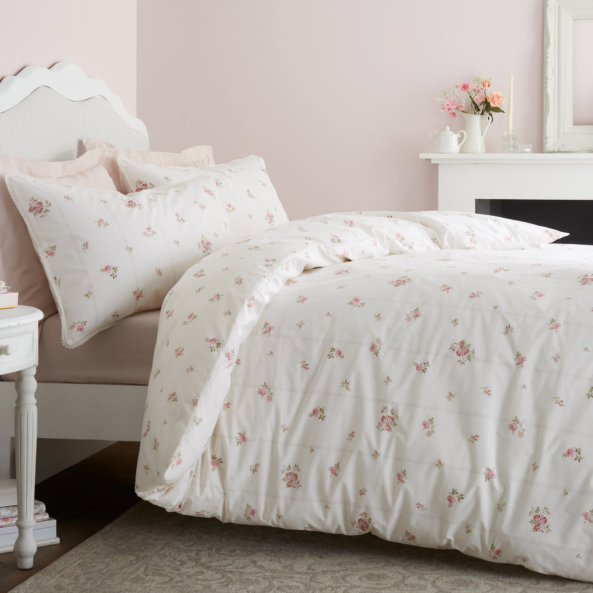 BIANCA Vintage Rosebud Lace 100% Cotton Duvet Set - Cream