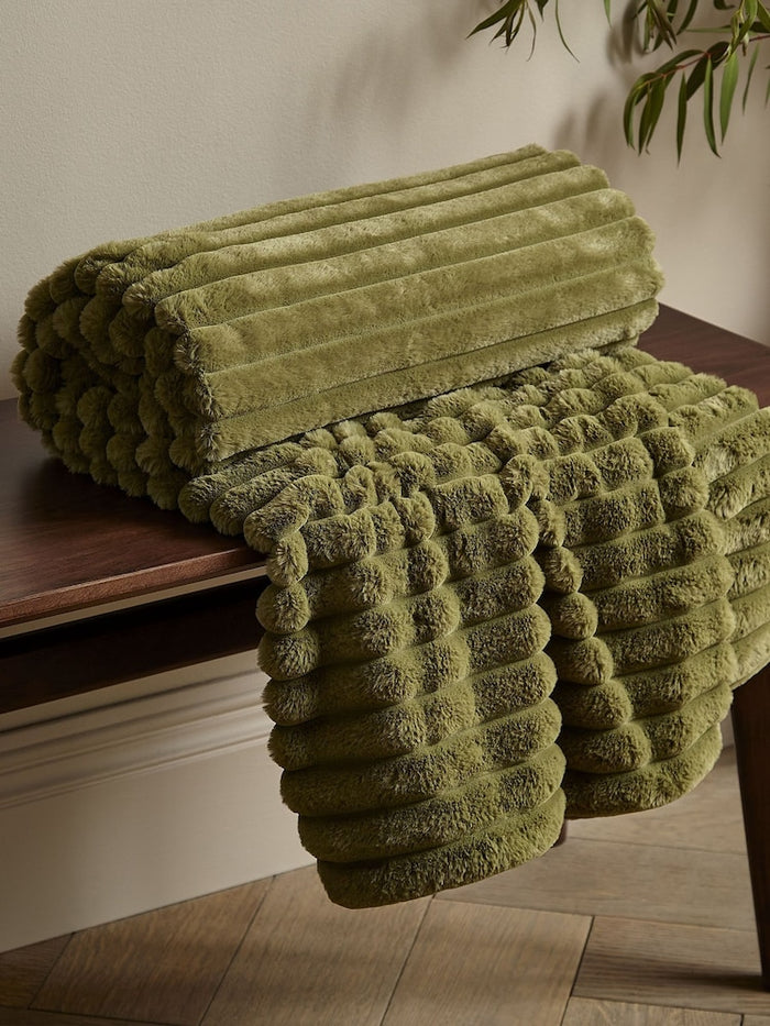 CATHERINE LANSFIELD Cosy Ribbed Blanket Throw - Olive Green