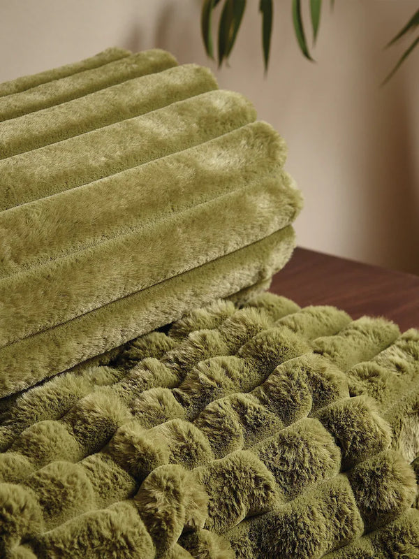CATHERINE LANSFIELD Cosy Ribbed Blanket Throw - Olive Green