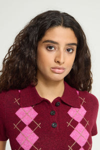 ICHI Dasila Short Sleeve Polo Sweater - Red