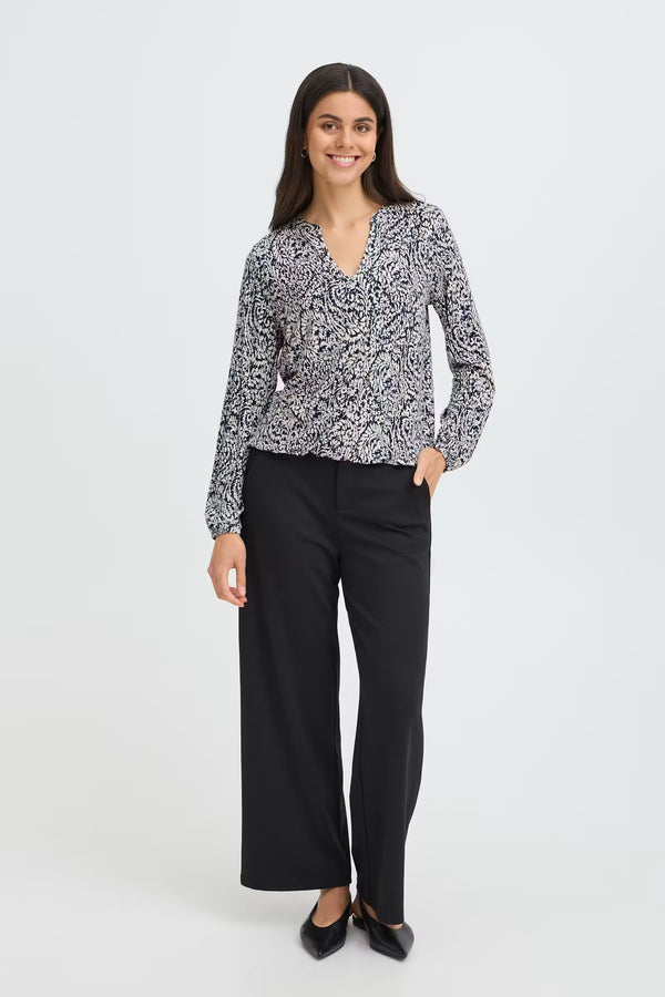 FRANSA Amy V-Neck Blouse - Navy Print
