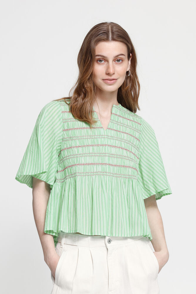 ICHI Locy Peplum Top - Green Stripe