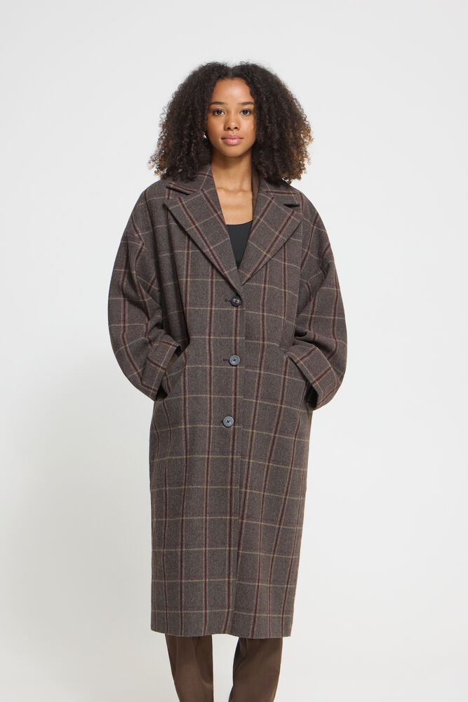 ICHI Emmalu Long Check Coat - Brown