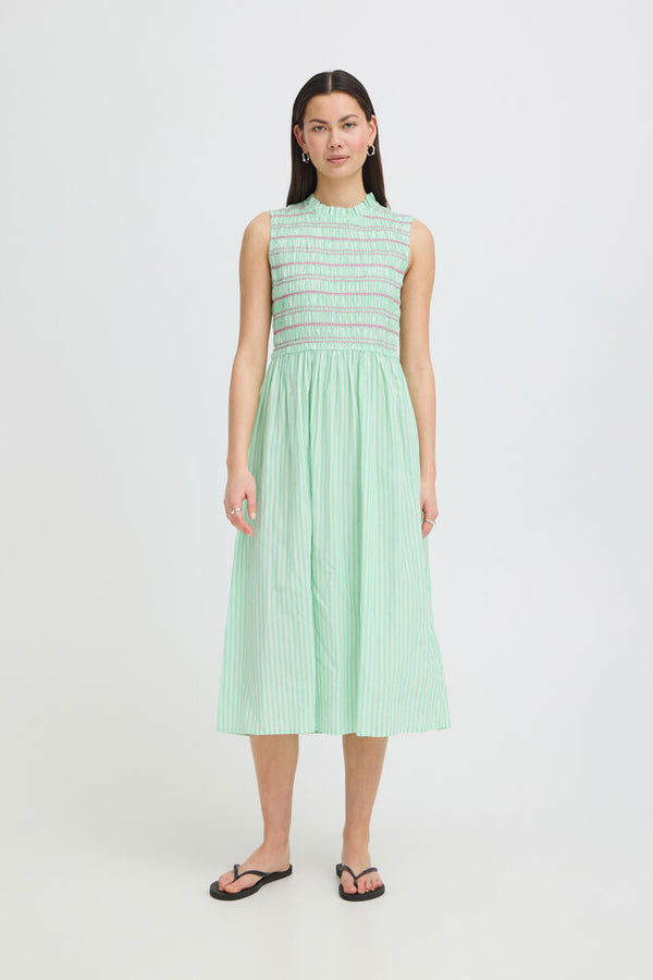 ICHI Locy Stripe Midi Dress - Green/Pink