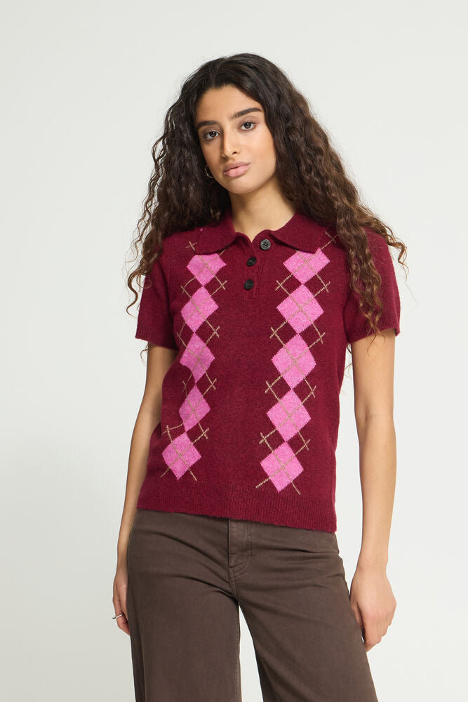 ICHI Dasila Short Sleeve Polo Sweater - Red