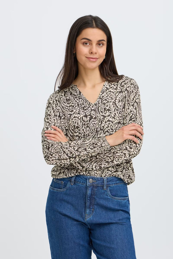 FRANSA Amy V-Neck Blouse - Chocolate Print