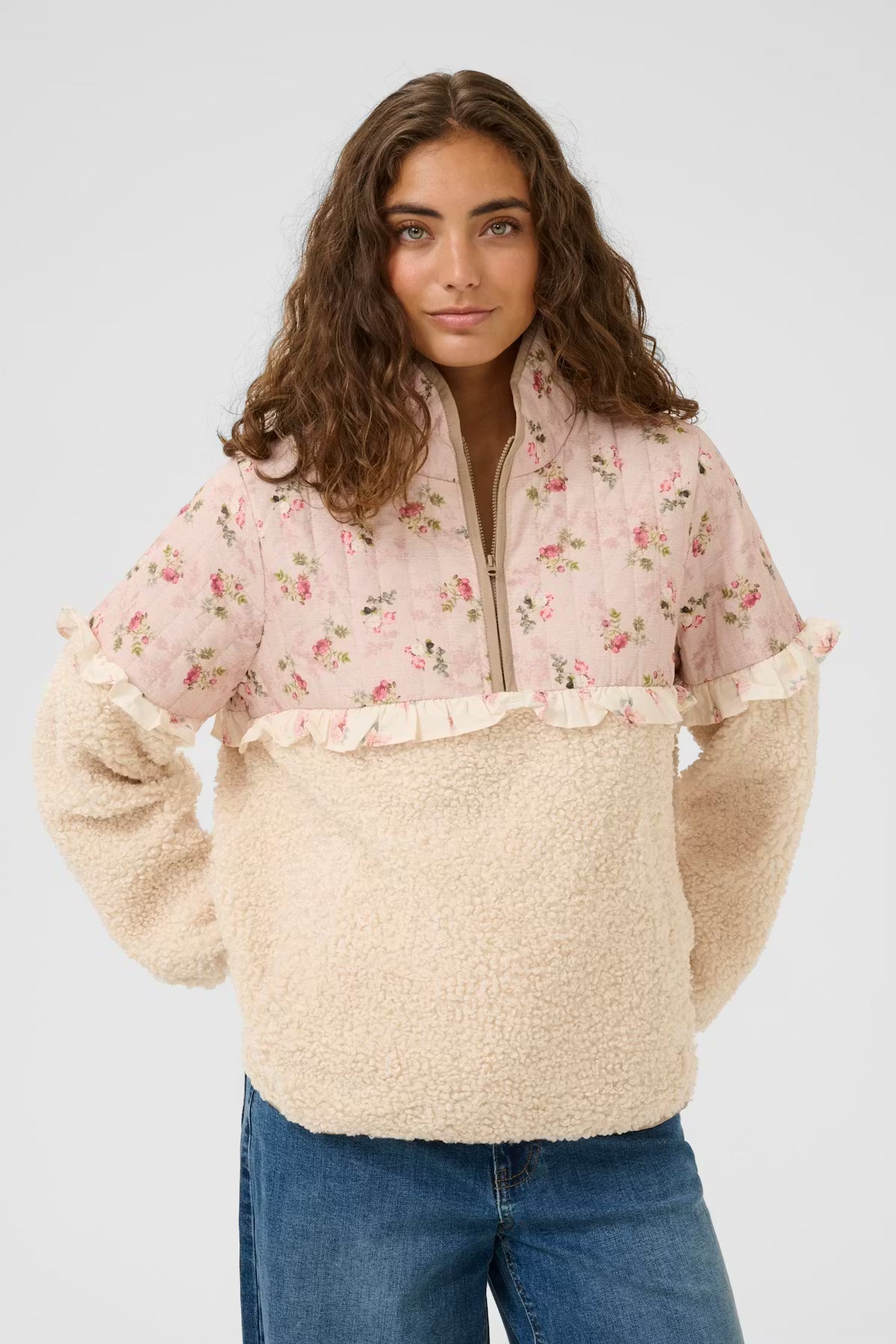 CULTURE Aiko Teddy Fleece Floral Half Zip Top - Pink