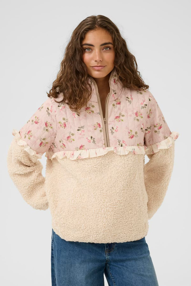 CULTURE Aiko Teddy Fleece Floral Half Zip Top - Pink