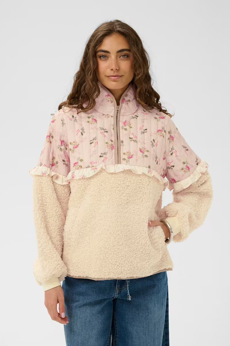 CULTURE Aiko Teddy Fleece Floral Half Zip Top - Pink