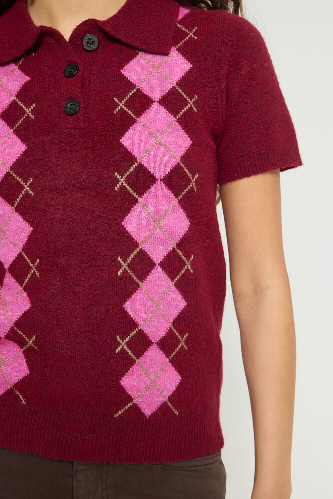 ICHI Dasila Short Sleeve Polo Sweater - Red