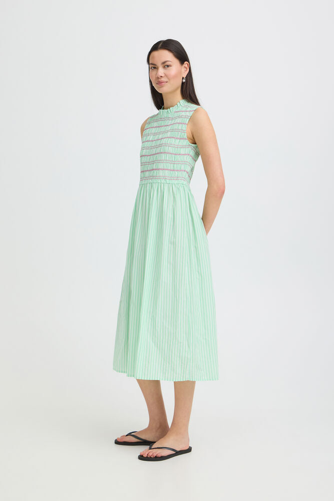 ICHI Locy Stripe Midi Dress - Green/Pink