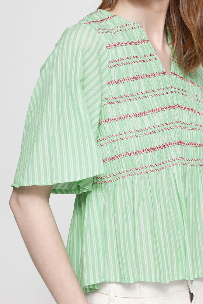 ICHI Locy Peplum Top - Green Stripe