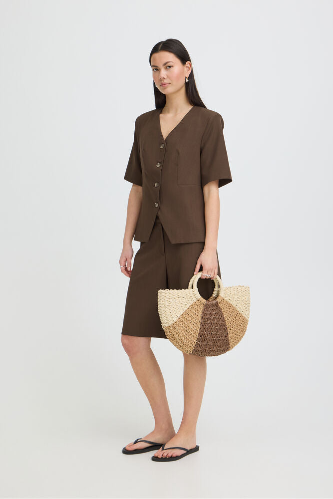 ICHI Fava Short Sleeve Blazer - Brown