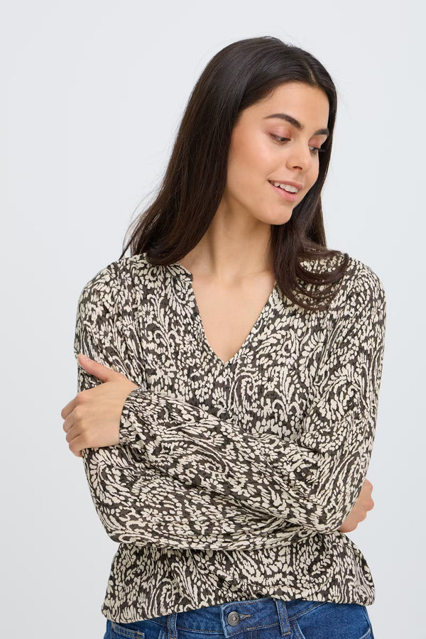 FRANSA Amy V-Neck Blouse - Chocolate Print