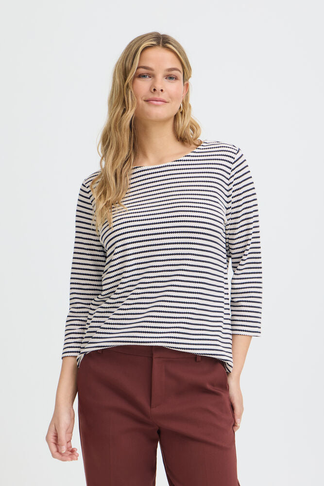 FRANSA Jade Striped 3/4 Sleeve Top - Navy