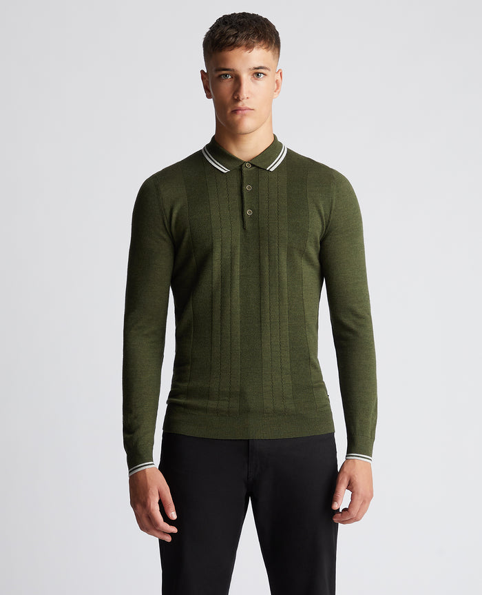 REMUS UOMO Long Sleeve Knitted Polo Khaki – The Cope