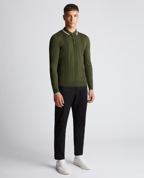 REMUS UOMO : Long Sleeve Knitted Polo - Khaki