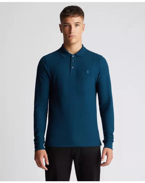 REMUS UOMO 3 Button Long Sleeve Cotton Polo - Teal