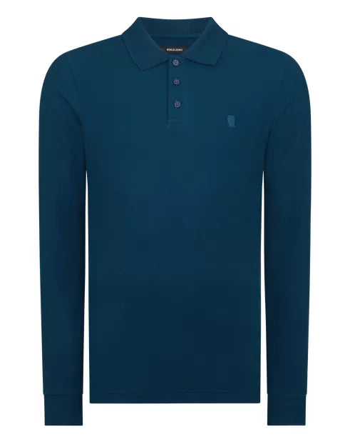 REMUS UOMO 3 Button Long Sleeve Cotton Polo - Teal