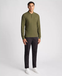 REMUS UOMO 3 Button Long Sleeve Cotton Polo - Khaki