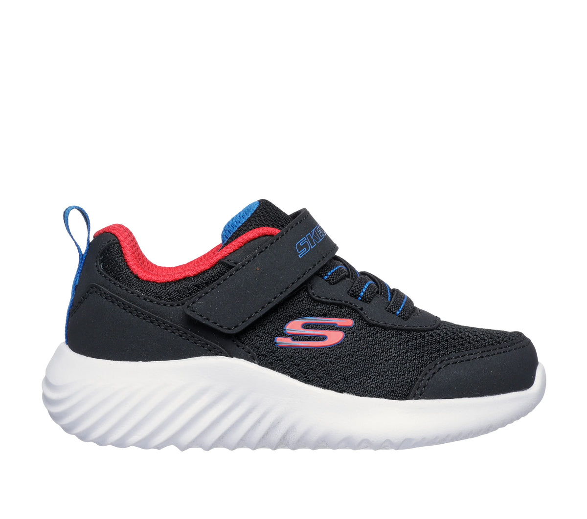 Black children's sneaker with red and blue accents on a white background
