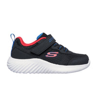 Black children's sneaker with red and blue accents on a white background