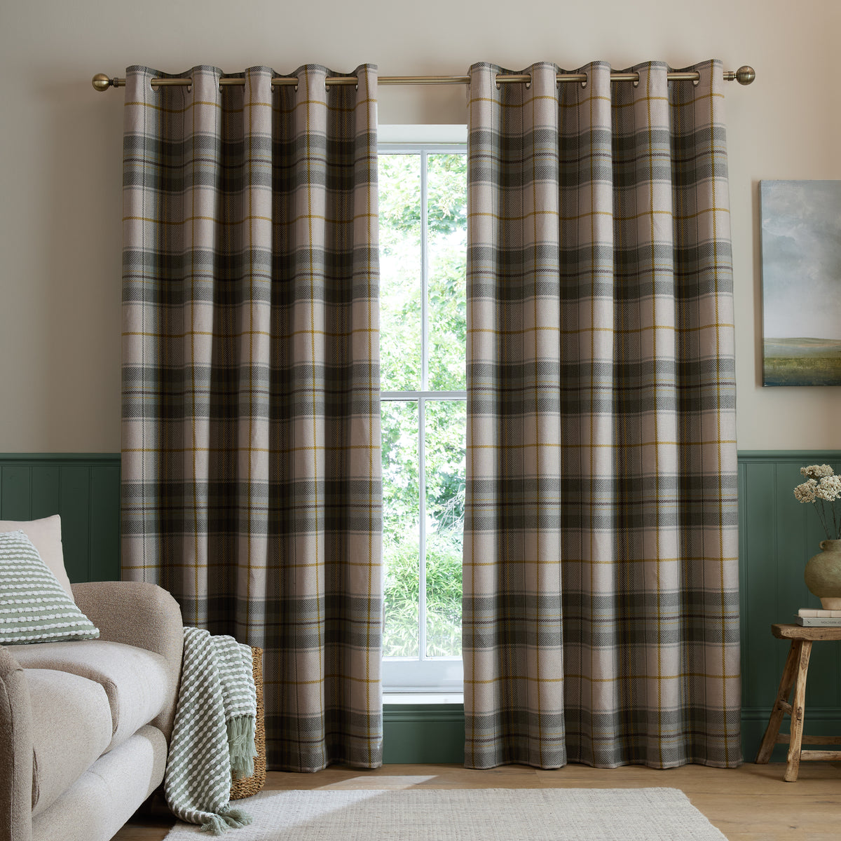 CATHERINE LANSFIELD Brushed Woven Glencoe Check Thermal Eyelet Curtains- Green