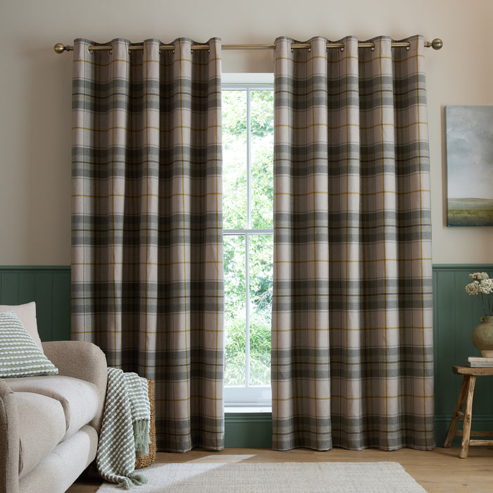 CATHERINE LANSFIELD Brushed Woven Glencoe Check Thermal Eyelet Curtains- Green