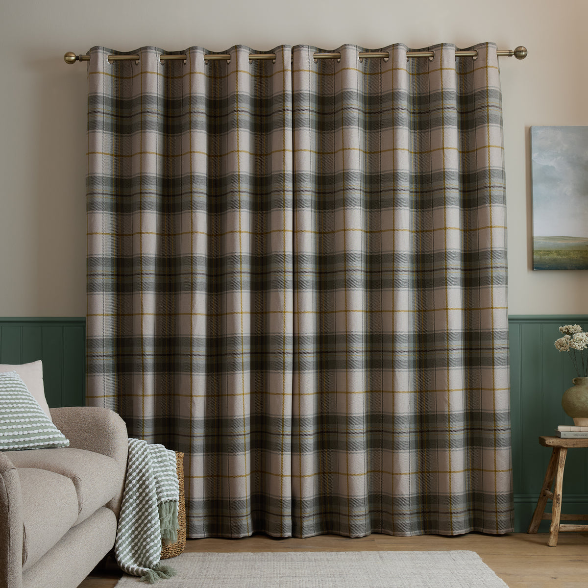 CATHERINE LANSFIELD Brushed Woven Glencoe Check Thermal Eyelet Curtains- Green