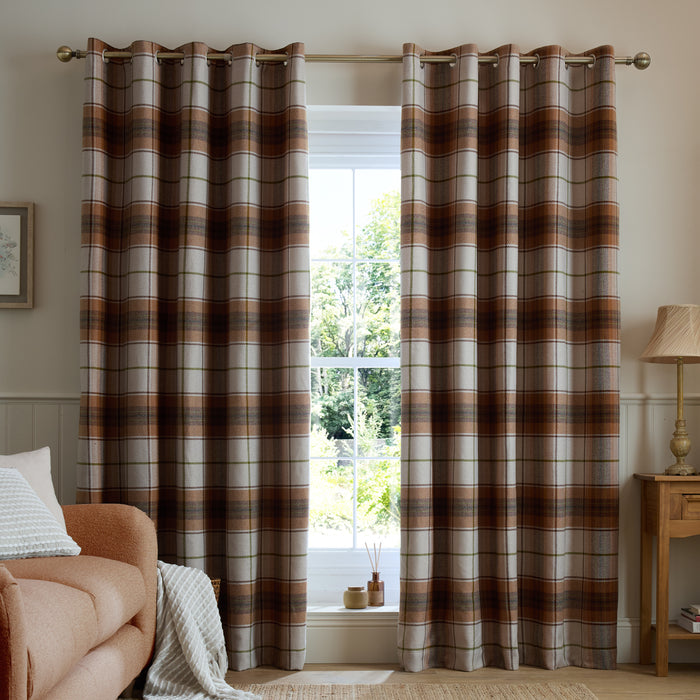 CATHERINE LANSFIELD Brushed Woven Glencoe Check Thermal Eyelet Curtains- Terracotta