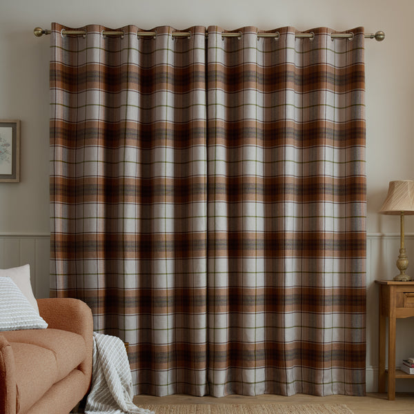 CATHERINE LANSFIELD Brushed Woven Glencoe Check Thermal Eyelet Curtains- Terracotta