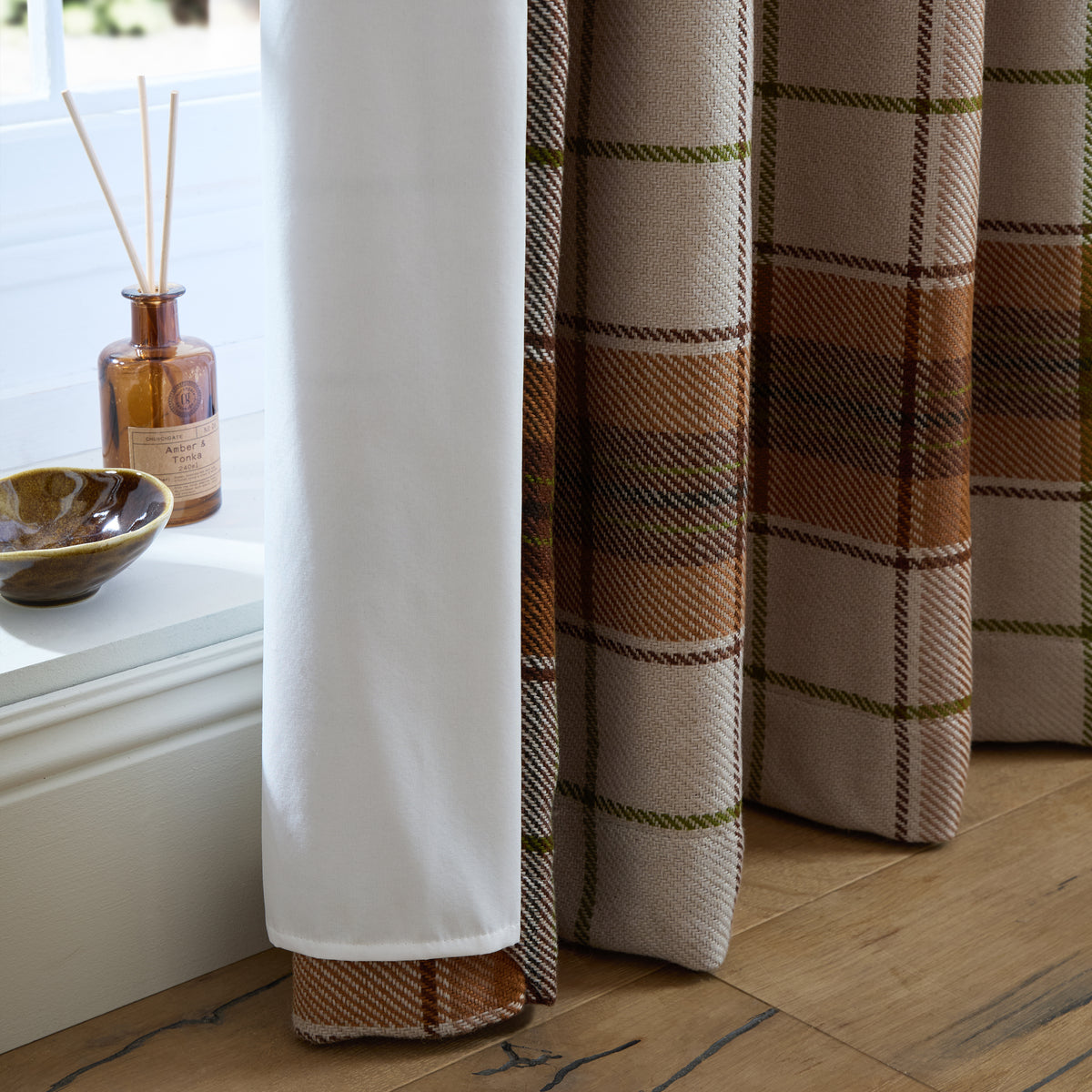 CATHERINE LANSFIELD Brushed Woven Glencoe Check Thermal Eyelet Curtains- Terracotta