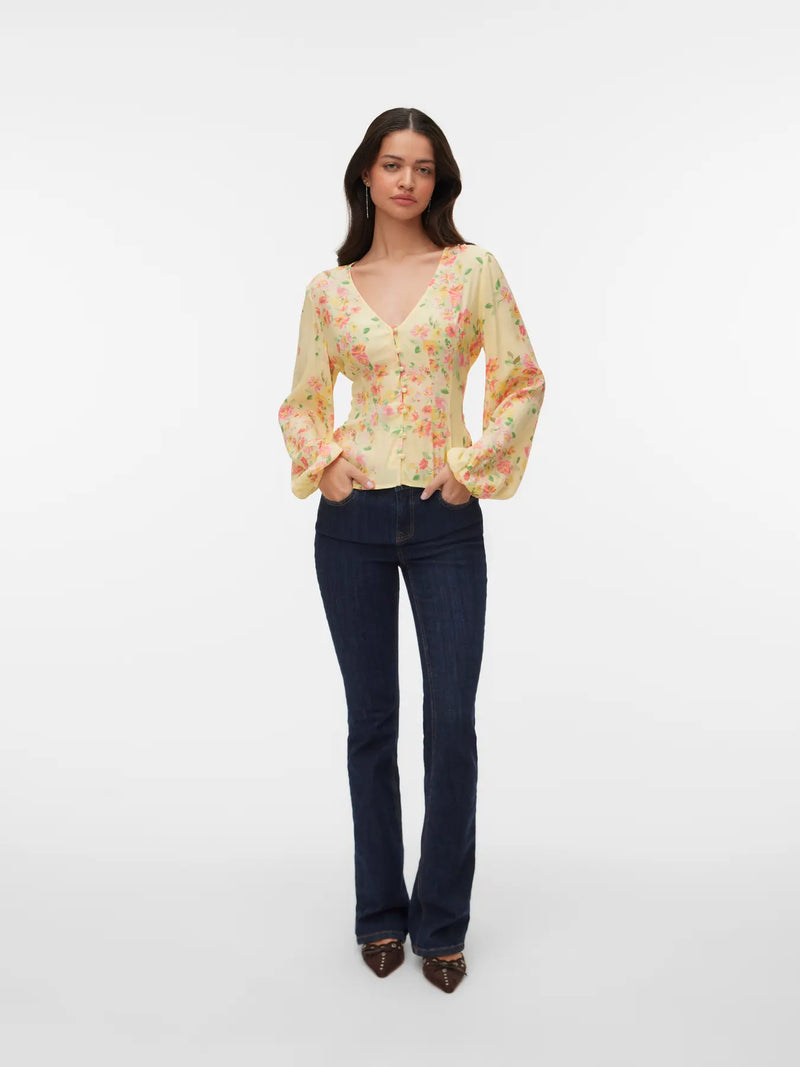 VERO MODA Vilma Long Sleeve Top - Yellow Print