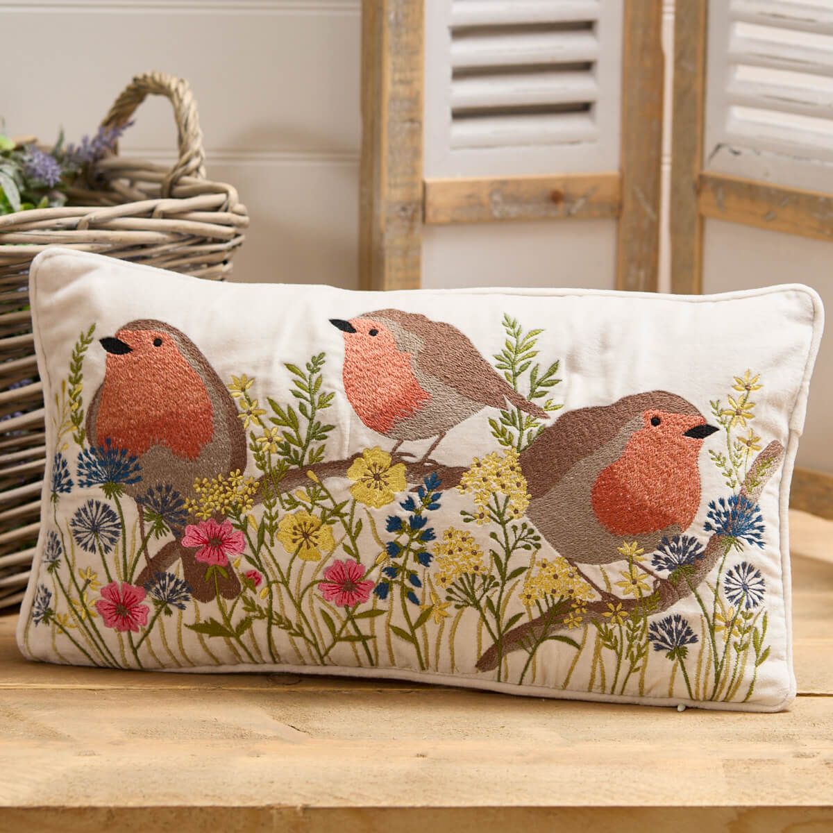 LANGS Robin Floral Embroidered Velvet Cushion 25x45cm